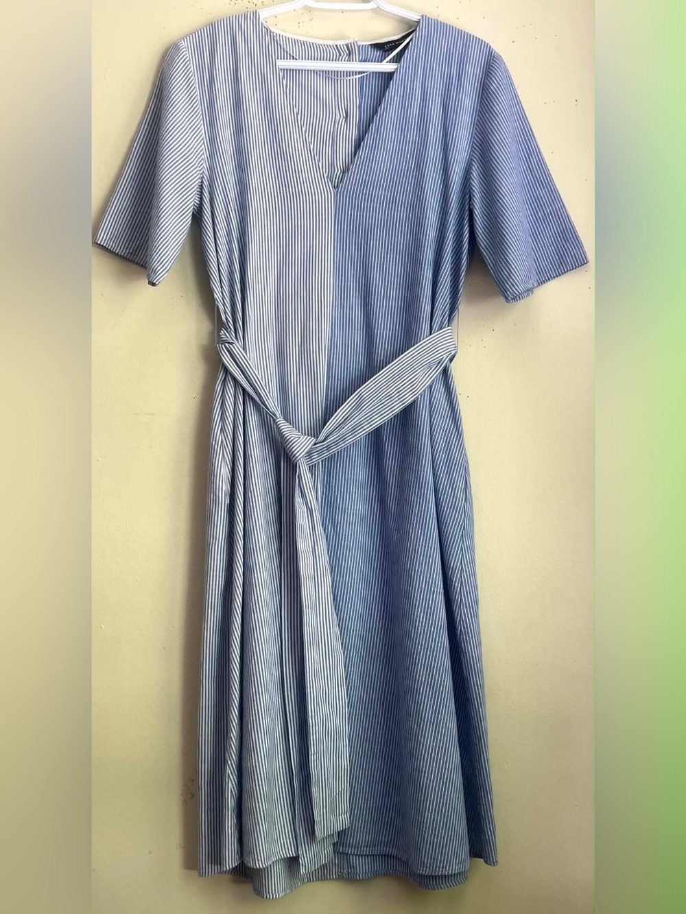 Zara Blue and White Pinstripe Wrap-Style Maxi Dress